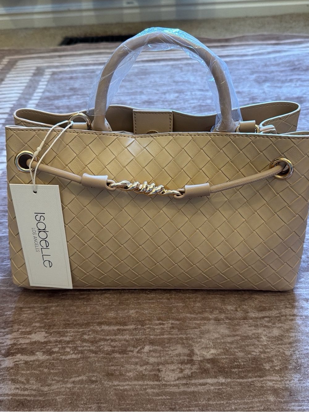 Isabelle LA Woven Beige Tote Gold Chain Handle Crossbody | NEW